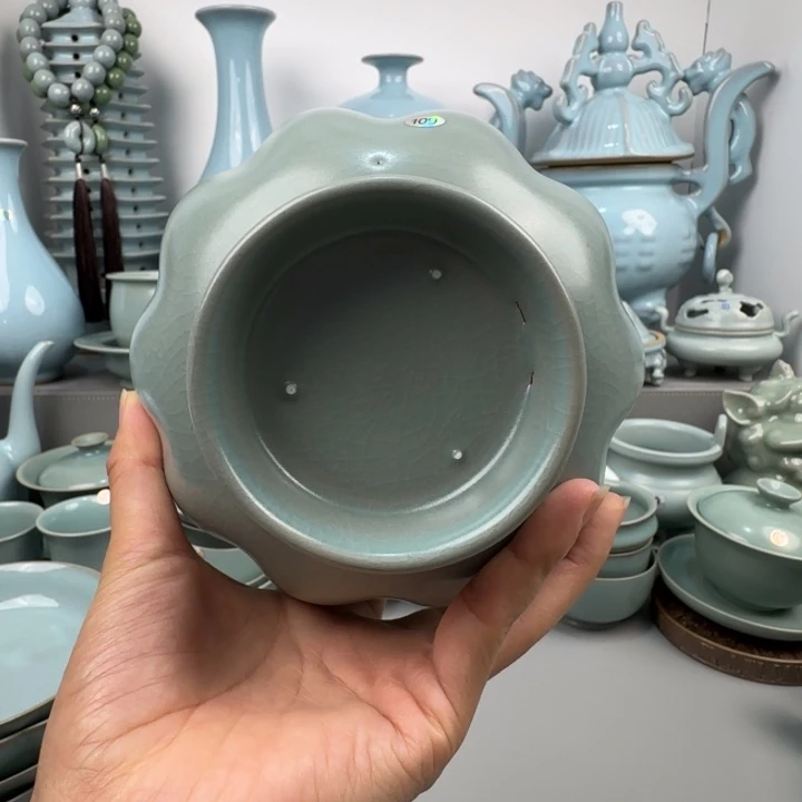 摆件汝瓷莲花碗支钉烧仿古釉大瑕