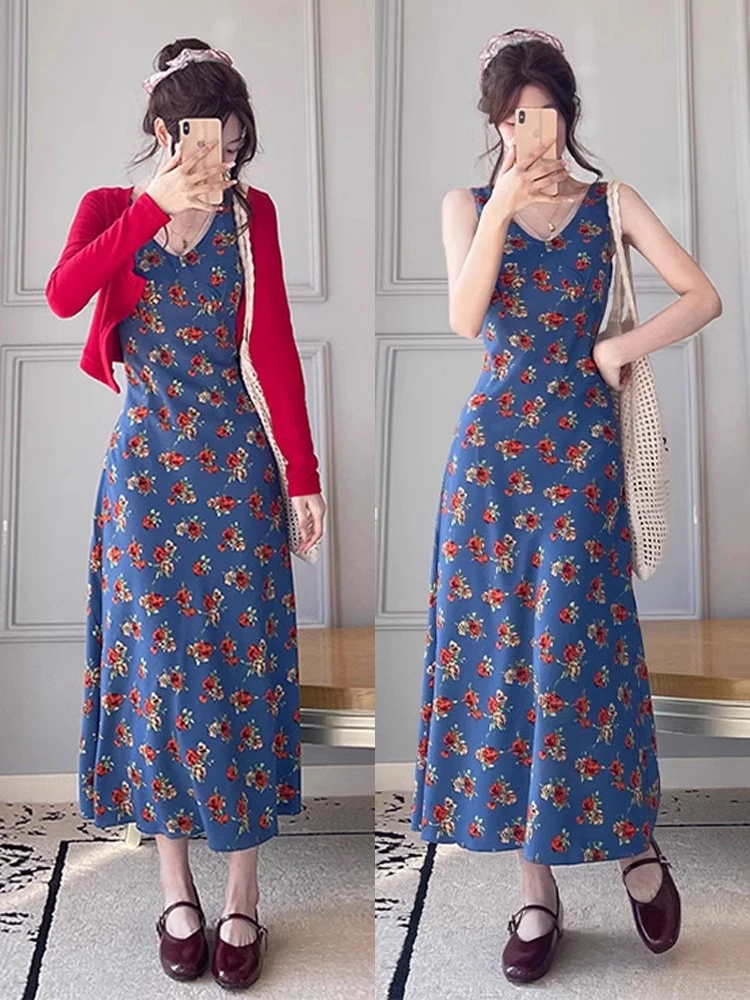 2025年大码法式无袖背心长裙海边度假蓝色v领碎花连衣裙子女夏季