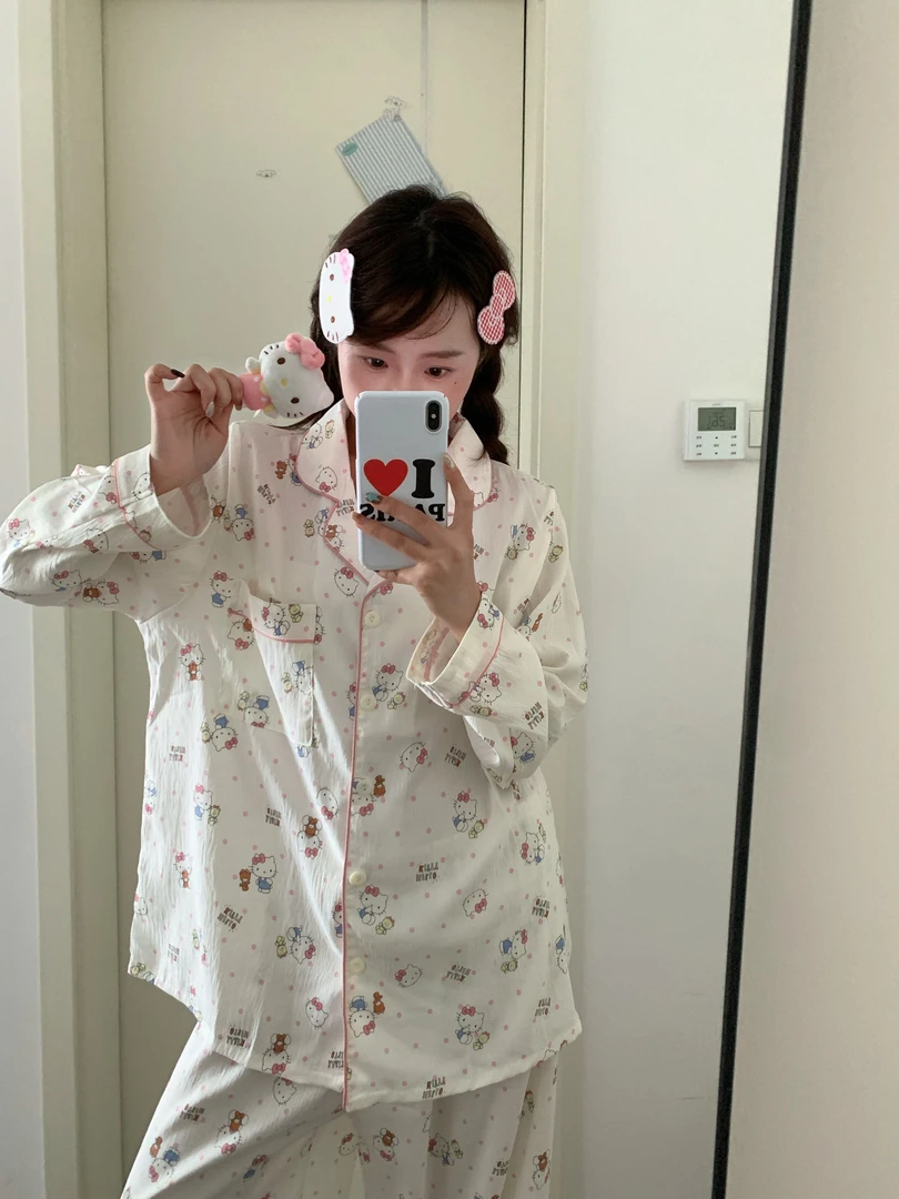 大码秋季甜美薄款韩版夏季长袖长裤睡衣可爱印花透气舒适宽松版型
