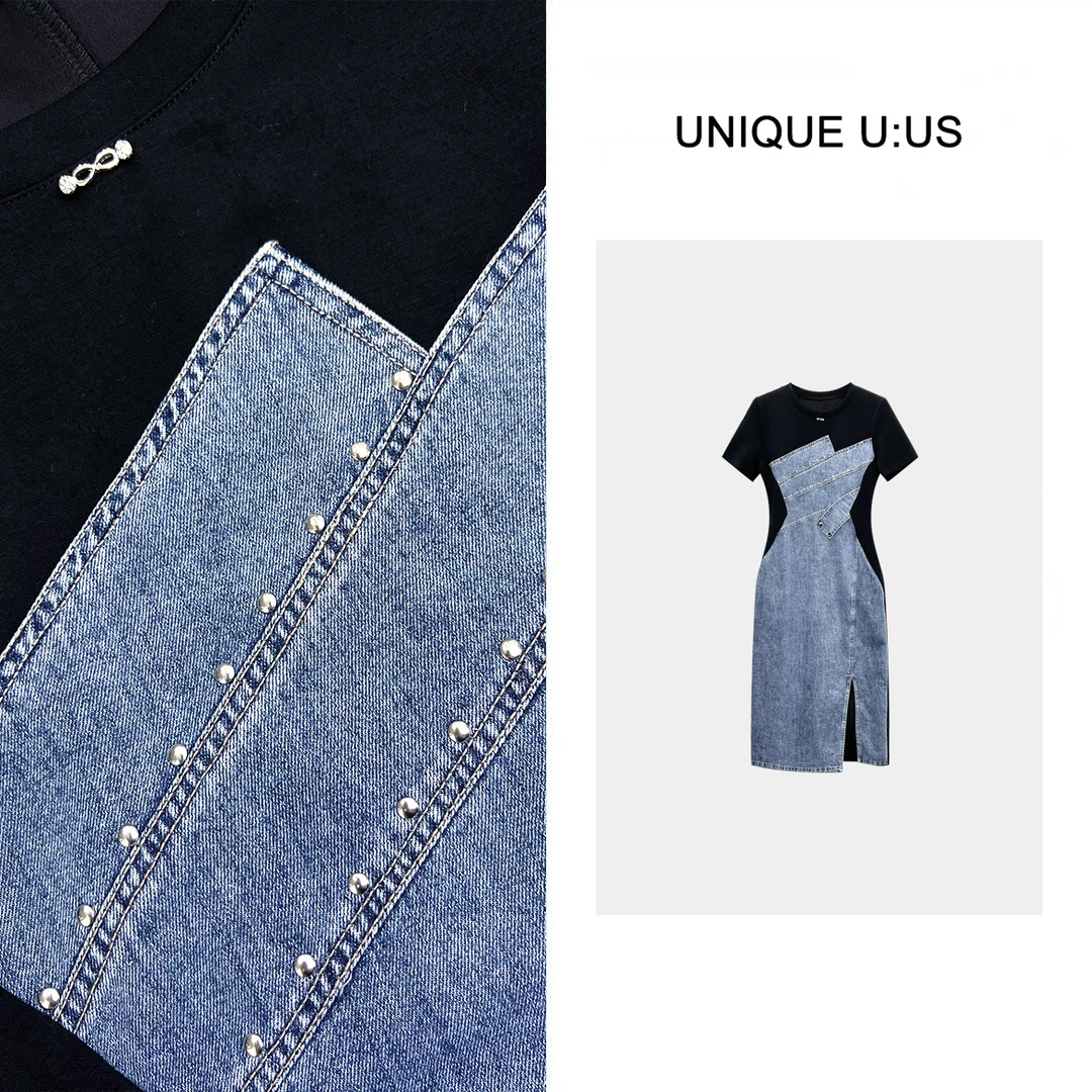 UNIQUE U:US【惬意时光】牛仔拼色气质显瘦女装连衣裙-250211-L