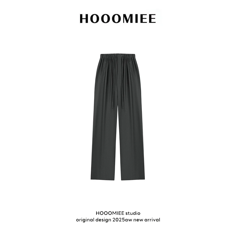 Hooomiee简约时尚纯色松紧腰抽绳高腰女士休闲裤9910