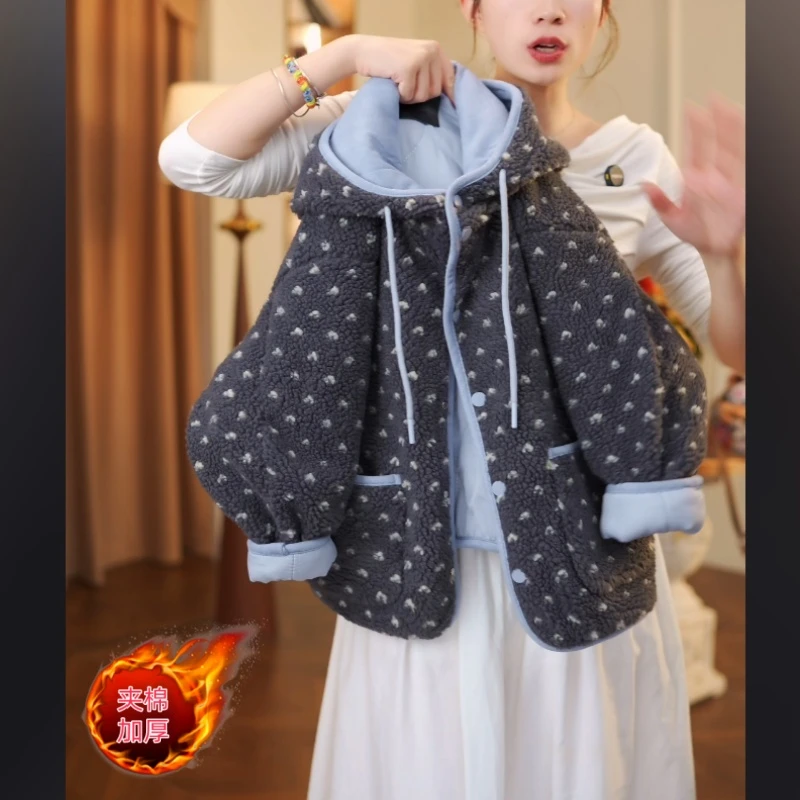 女童波点毛毛衣棉衣2025新款秋冬加厚棉服羊羔毛双面穿连帽棉袄潮