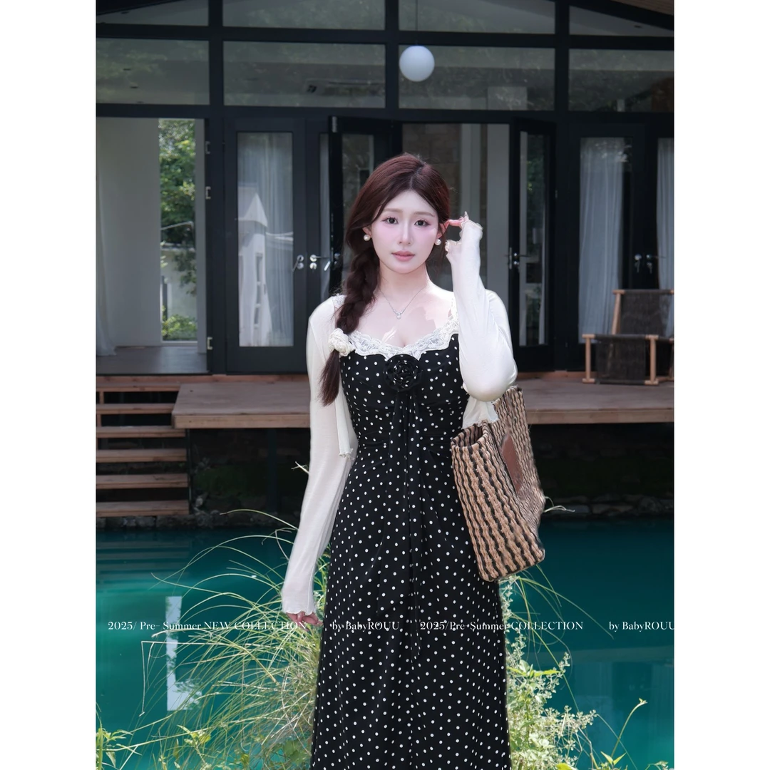 【现货】【巴黎画室】 温与柔气质波卡尔长裙蕾丝拼接吊带波点连衣裙