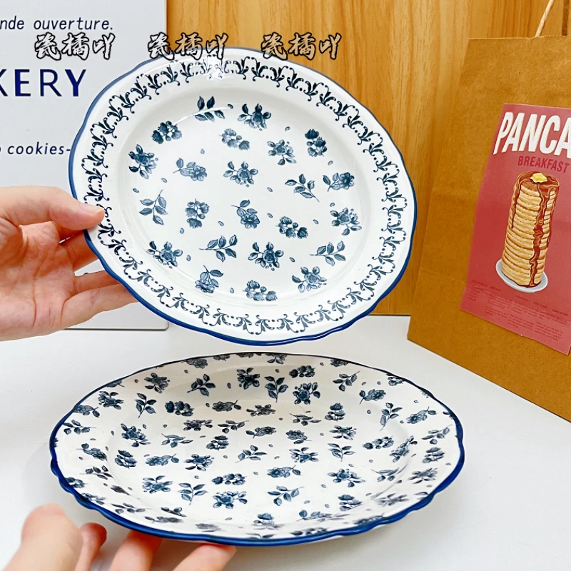 蓝调复古陶瓷盘意面西餐盘高颜值碎花菜盘创意盘子餐具陶瓷菜盘