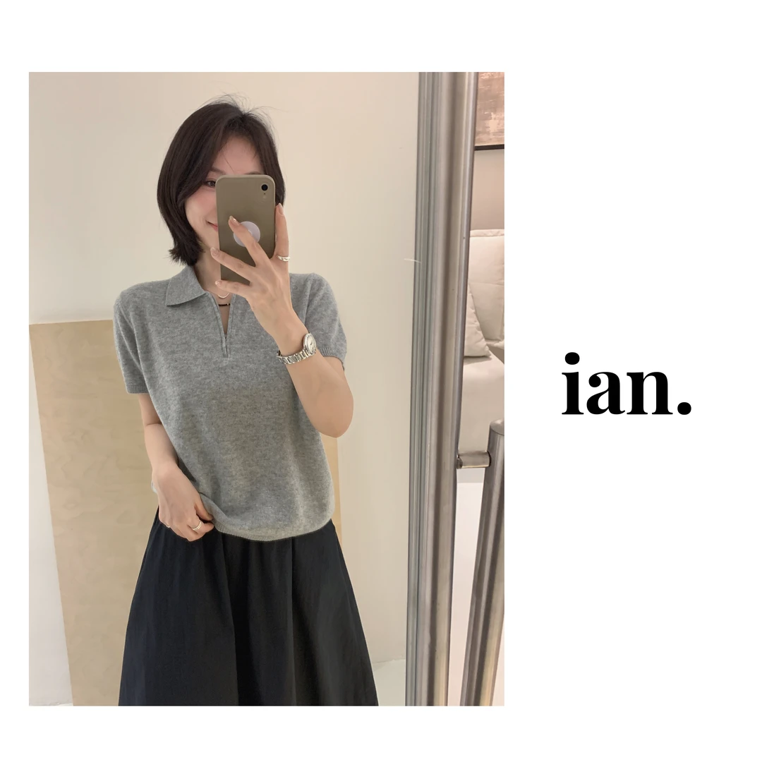 【ian】简约polo领短袖羊毛针织衫女夏季薄款宽松翻领上衣~不可机洗