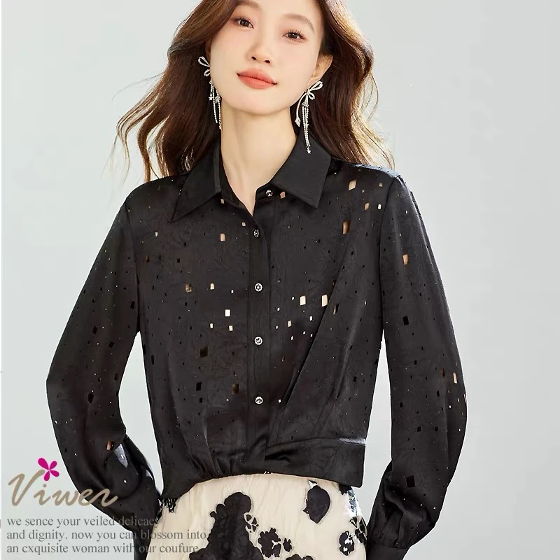 6198 春装新款短款小香风上衣镂空收口遮肚长袖衬衫FS