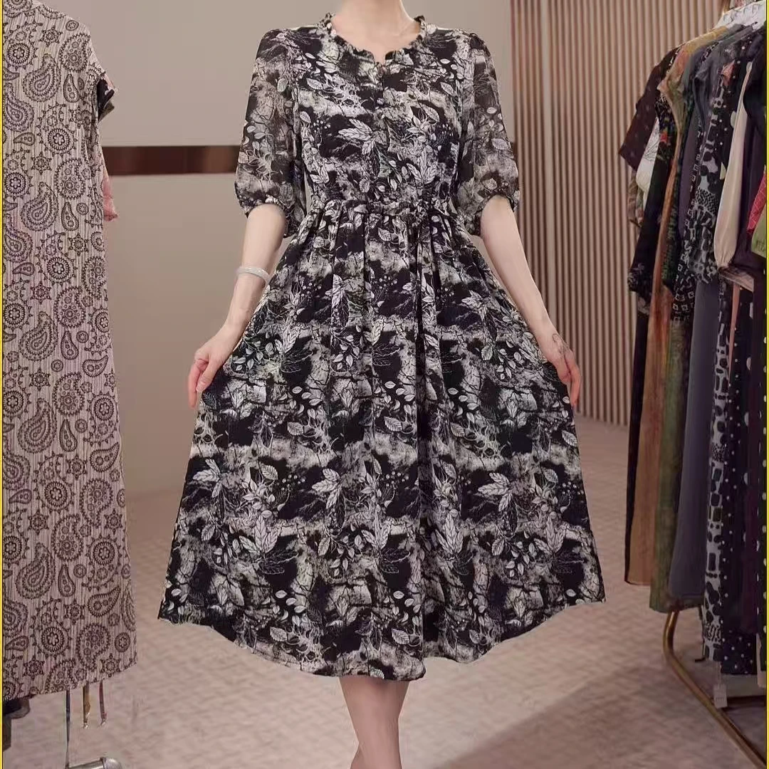 【黄小西】中长款修身百搭2025夏季新款水墨连衣裙-6