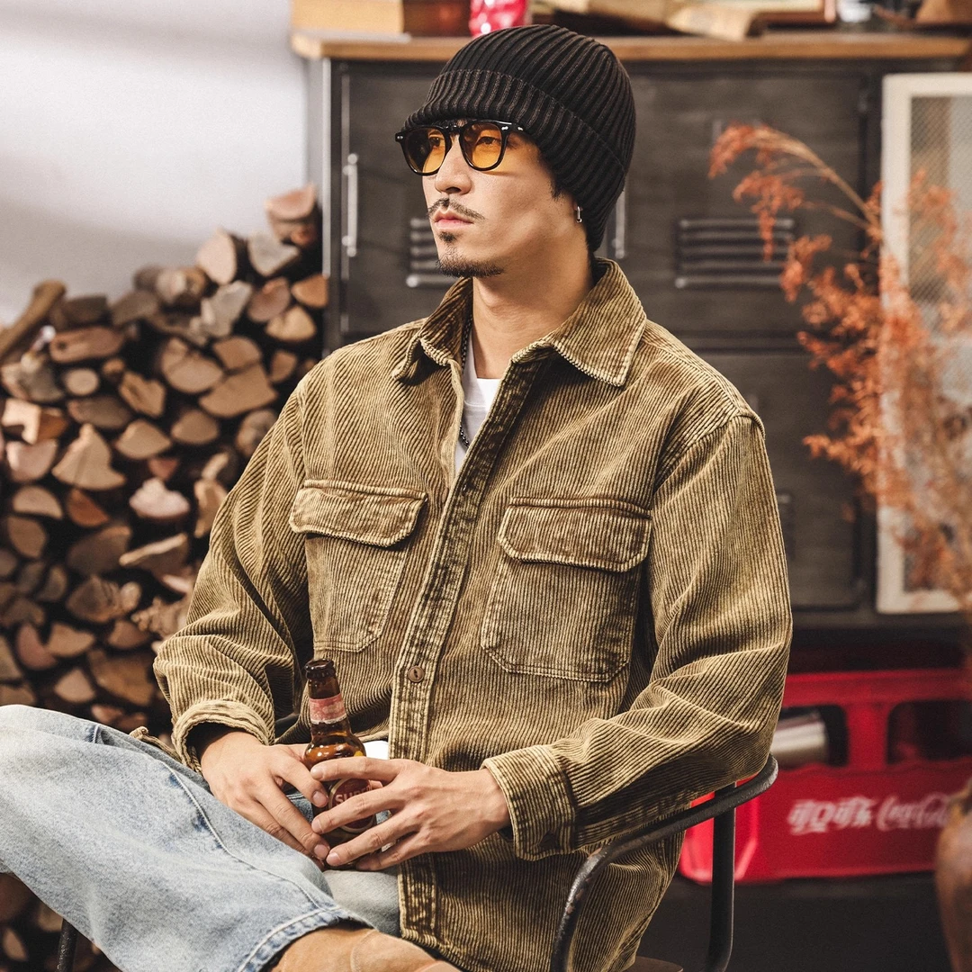 美式复古美式男长袖秋冬潮牌衬衣男宽松老钱风灯芯绒夹克外套