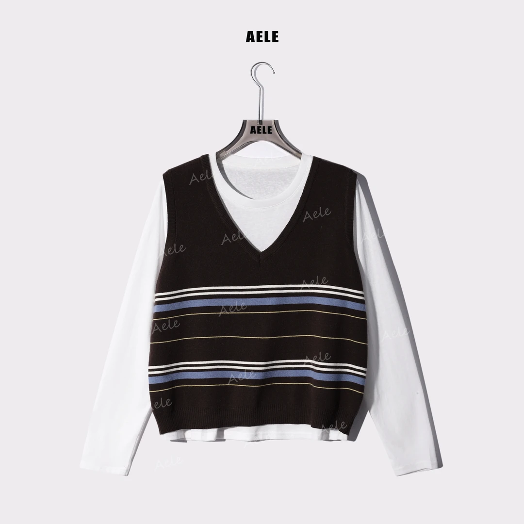 AELE学院风条纹拼色真两件无袖针织衫 X853 3085 AD