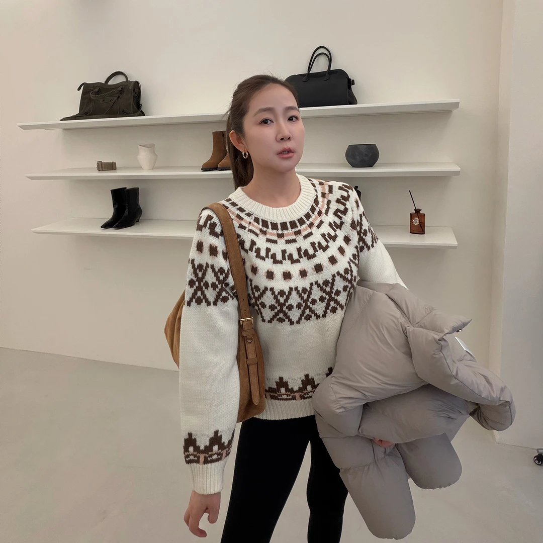 widelia秋冬款12225休闲风百搭宽松个性针织街头提花几何复古毛衣