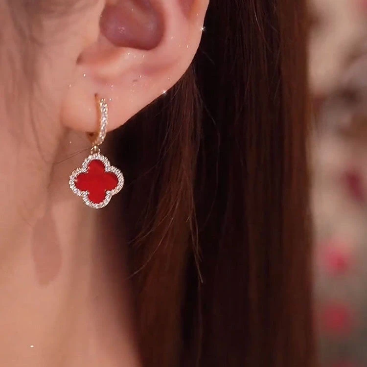 铜合金耳饰 酒红四叶草耳坠高级轻奢款耳环3017