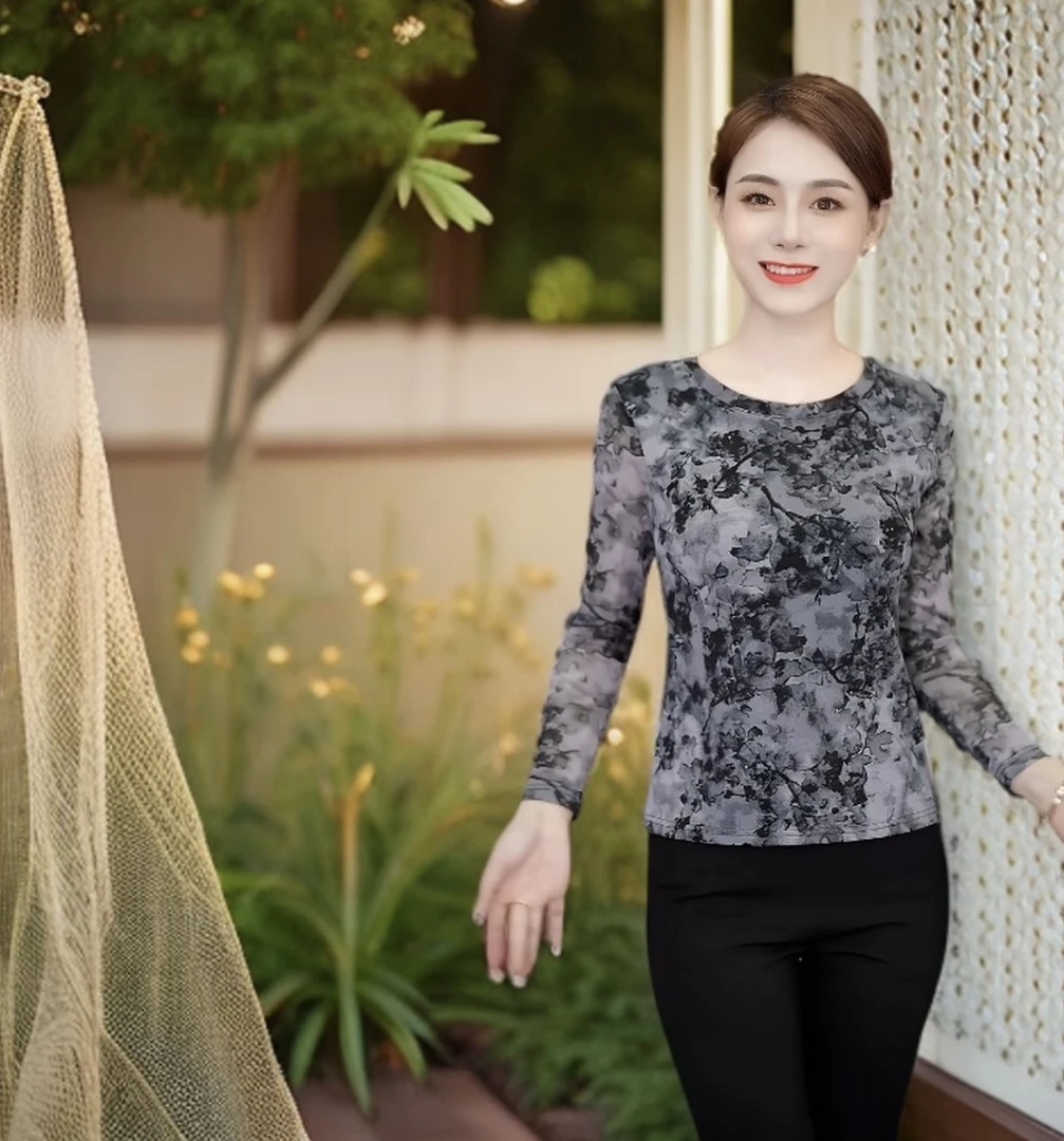 2025 年春夏新款印花网纱小衫洋气长袖百搭修身品瘦时尚气质C2165