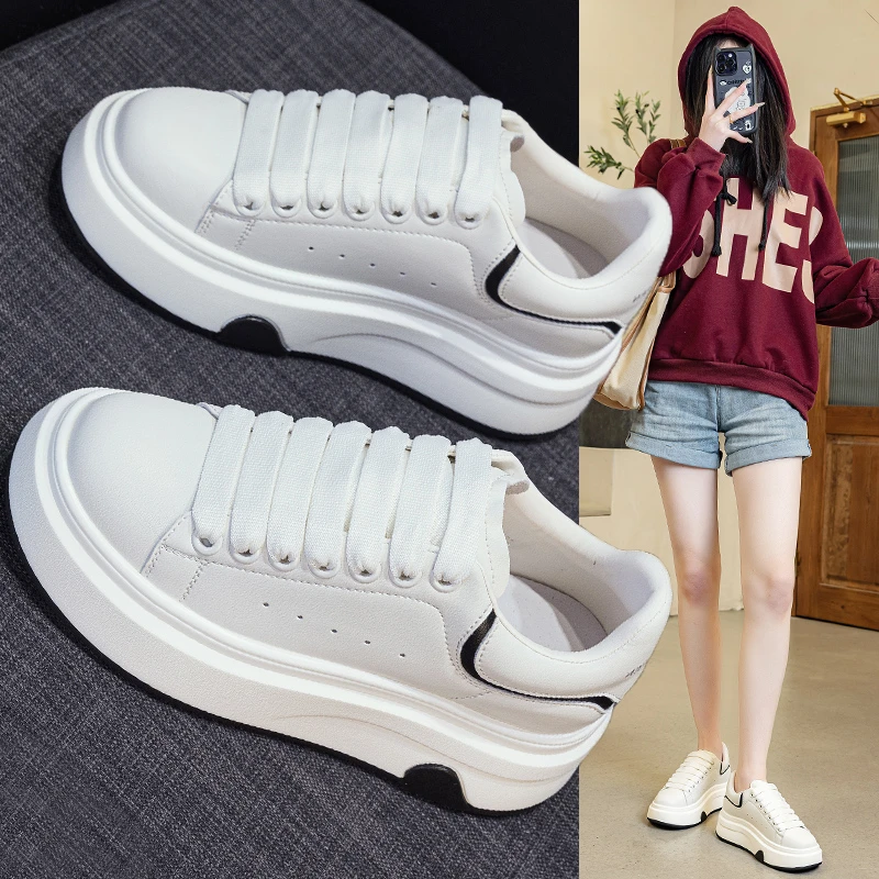 麦昆小白鞋女2025新款秋季真皮运动百搭轻便6CM增高厚底休闲板鞋