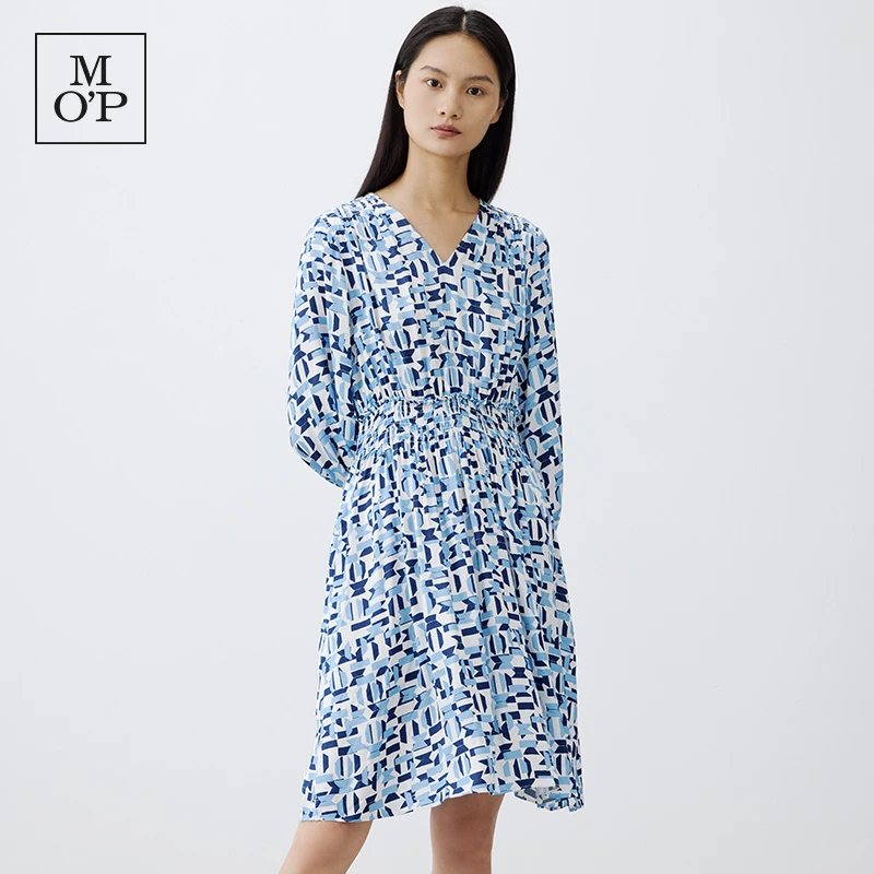 Marc O'Polo/MOP 时尚V领斜襟宽松透气几何印花长袖连衣裙