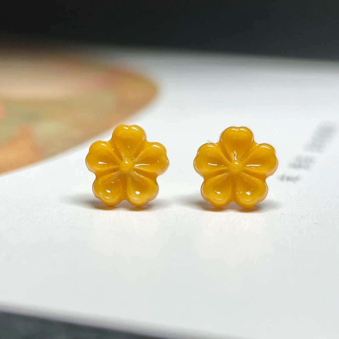 天然原矿蜜蜡 小花耳钉S295银镶嵌精美百搭