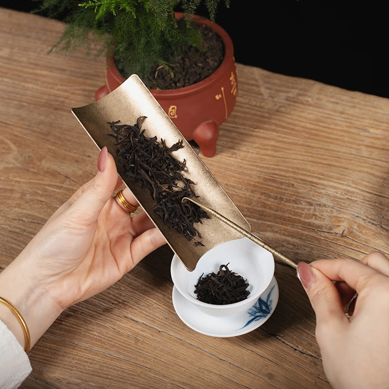 手工锻打铜茶则 茶勺茶铲茶叶分茶器 茶荷茶席茶道配件复古黄铜
