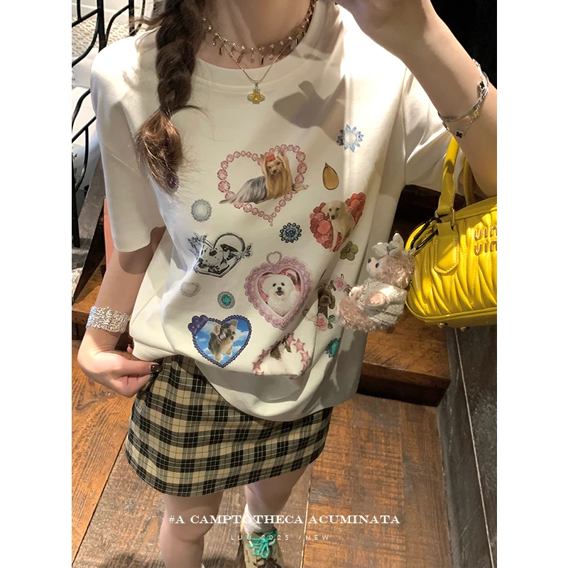 LUU桃喜儿/白色狗狗印花T恤女夏宽松短袖纯棉设计感小众针织上衣