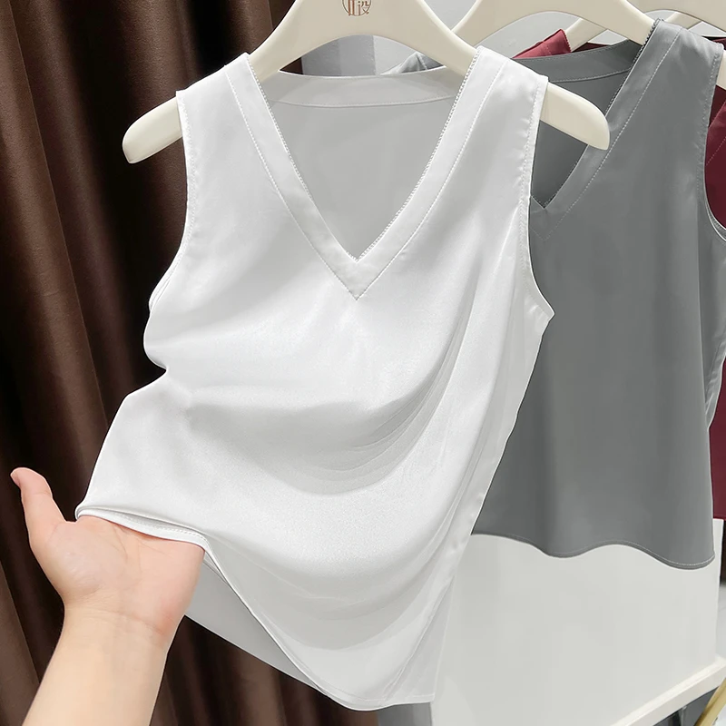 2025夏季爆款白色气质深V领套头上衣女时尚外穿薄款无袖运动背心