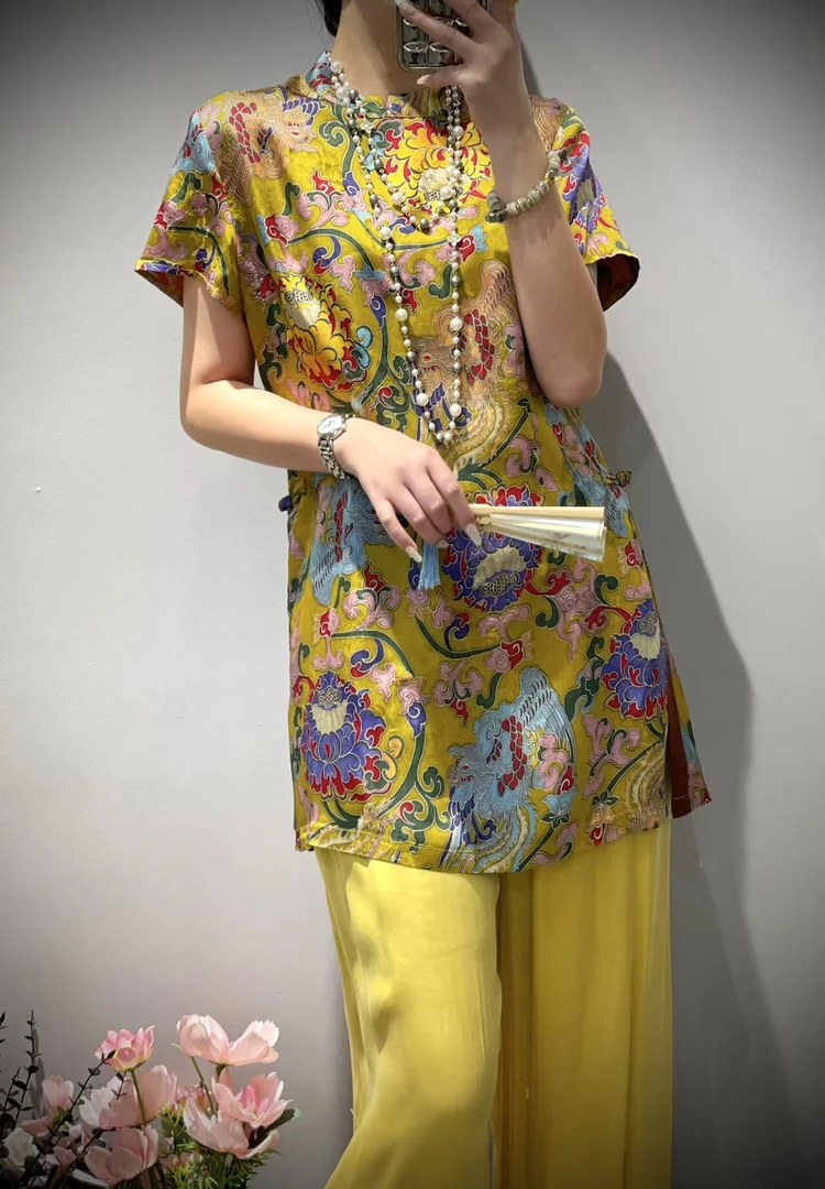 欧若风MZ+女国风提花飞袖短袖上衣夏季中长款显瘦遮肉时尚气质