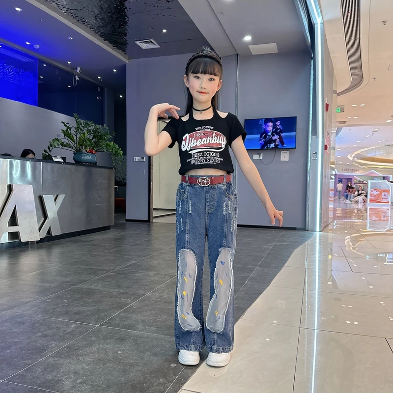 复古高街辣妹设计感不规则破洞直筒牛仔裤女宽松显瘦阔腿拖地套装