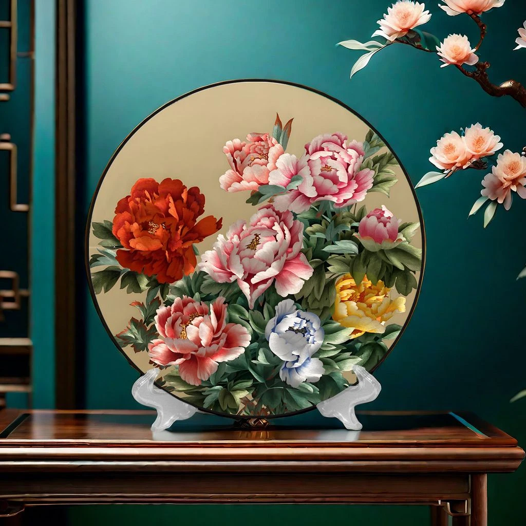 客厅玄关装饰画圆形装饰盘桌面摆件家居摆台花开富贵牡丹图10