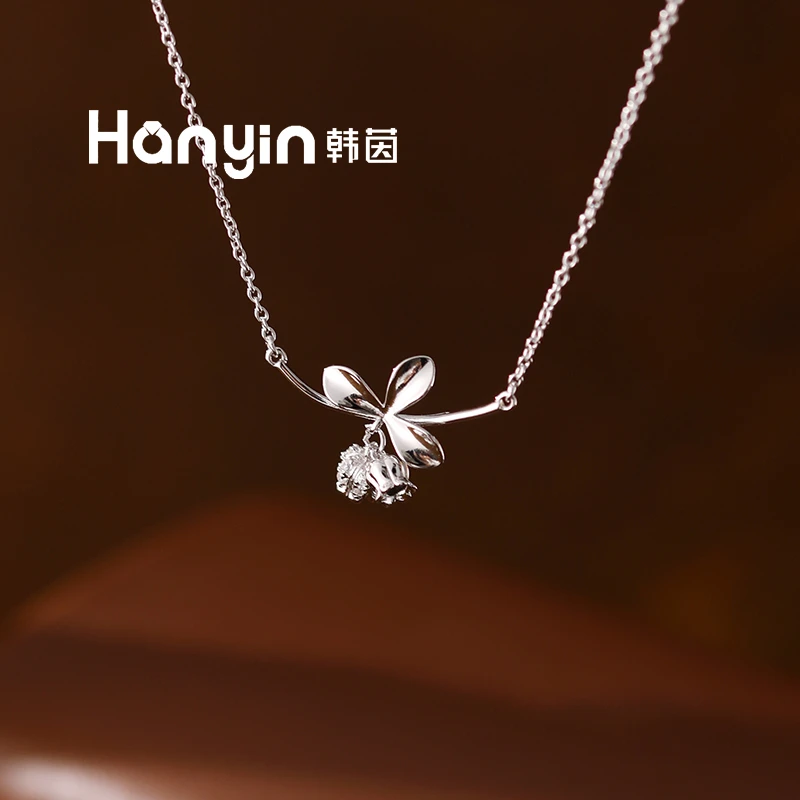 坠链均925银合成锆石 微镶铃兰花花瓣开口笑时尚项链