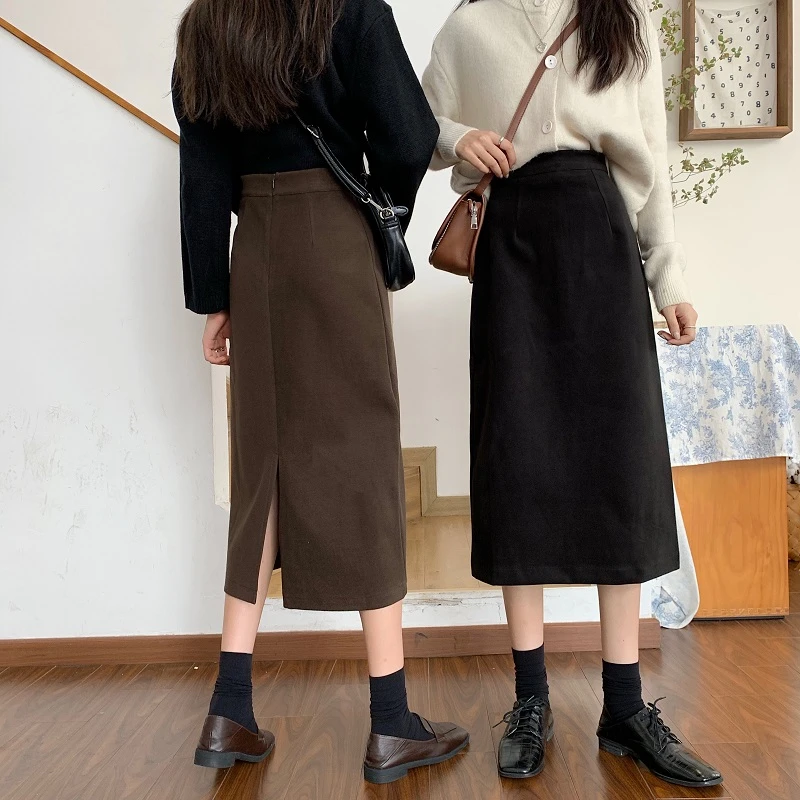 半身裙女秋冬2025新款毛呢高腰显瘦复古开叉设计感a字裙中长裙子