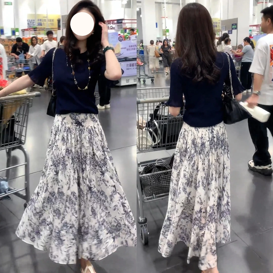 【青花瓷】复古气质百搭套头针织衫+时尚轻奢百搭印花半身裙套装