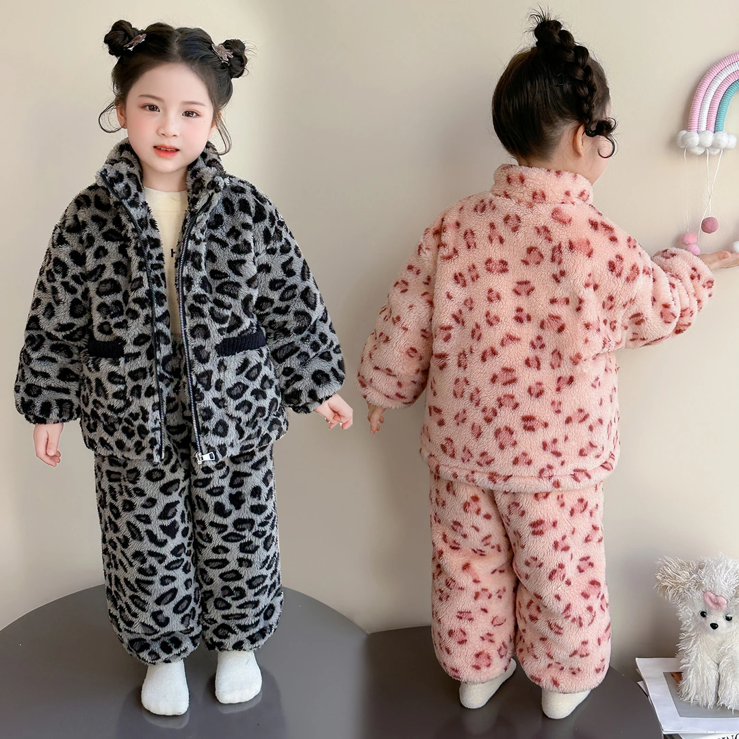 女童法兰绒三层夹棉拉链衫睡衣粉豹加绒加厚冬珊瑚绒家居服