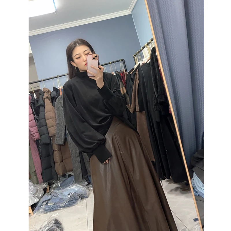 【子焱实拍】244#灯笼袖宽松半高领T恤打底设计感秋季长款 200斤