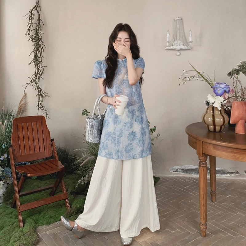 新中式国风绣花上衣阔腿裤套装女夏2025新款甜美两件套爆款高级感