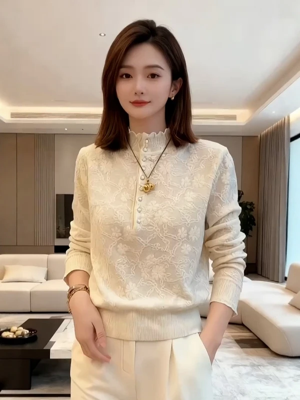 法式重工半高领针织衫女秋冬新款时尚洋气毛衣可外穿显瘦打底上衣