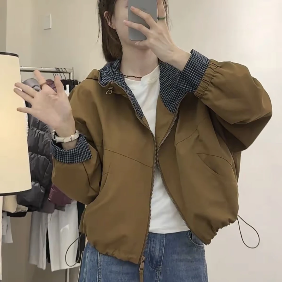韩版连帽冲锋衣外套女2025宽松休闲百搭小个子防风夹克上衣秋9802