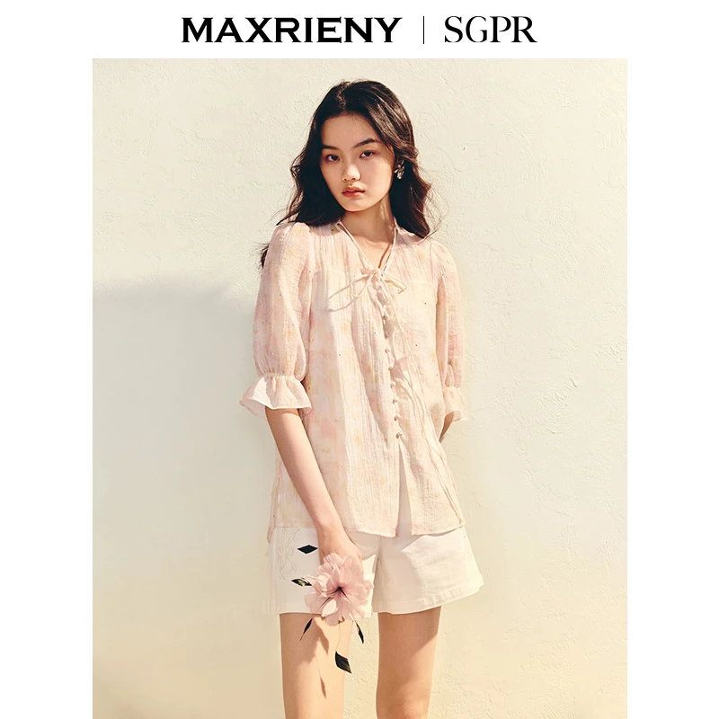 【商场同款】MAXRIENY浪漫优雅宽松印花衬衫女25夏肌理感衬衣上衣