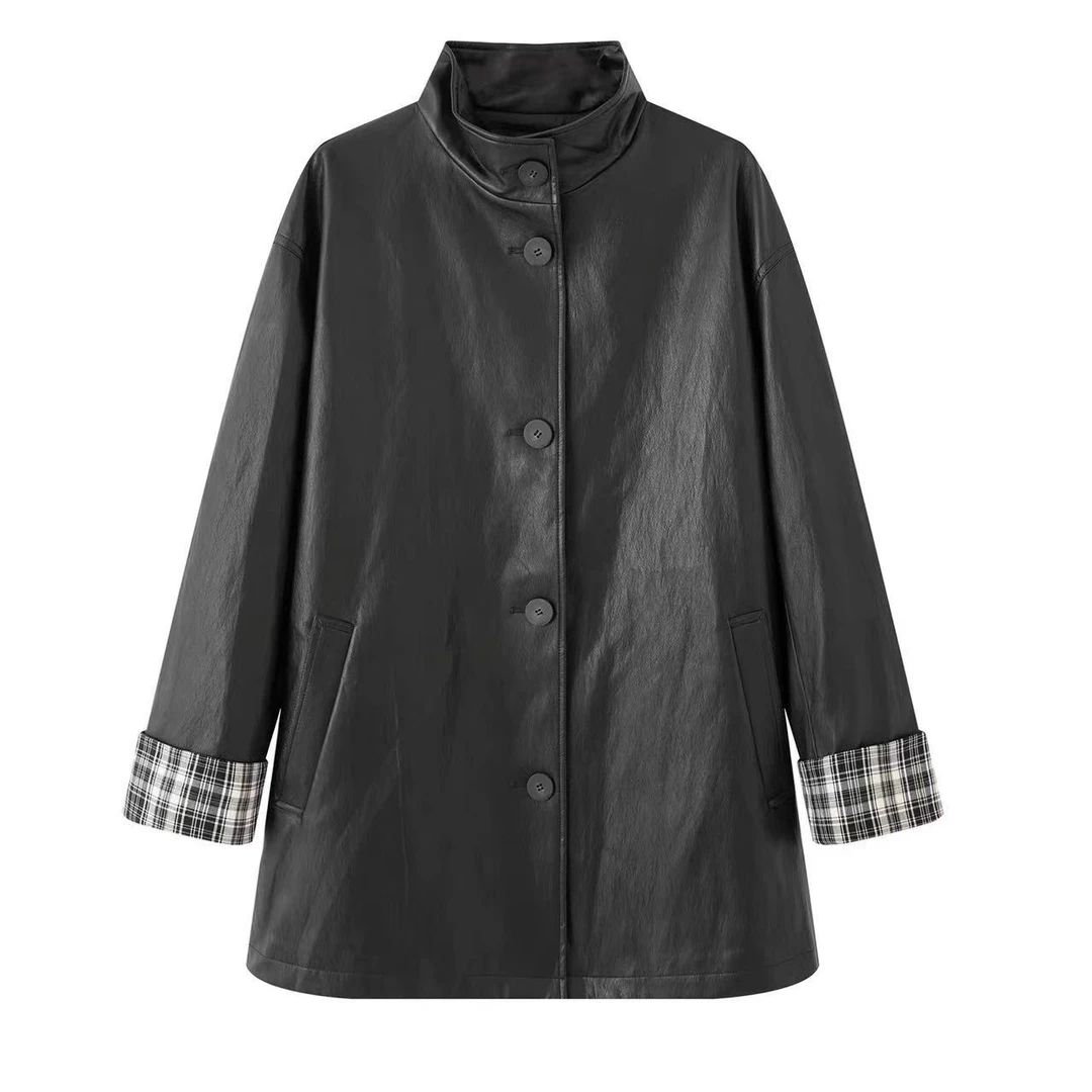 JODIE WANG 韩版休闲宽松中长款皮衣外套HZ