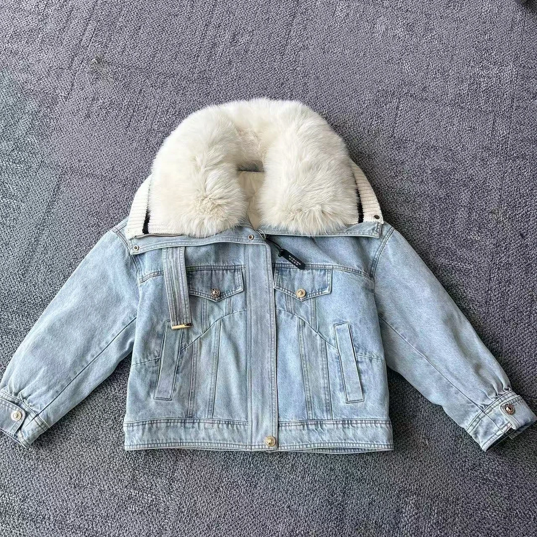 新款时尚休闲牛仔大毛领羽绒服23725