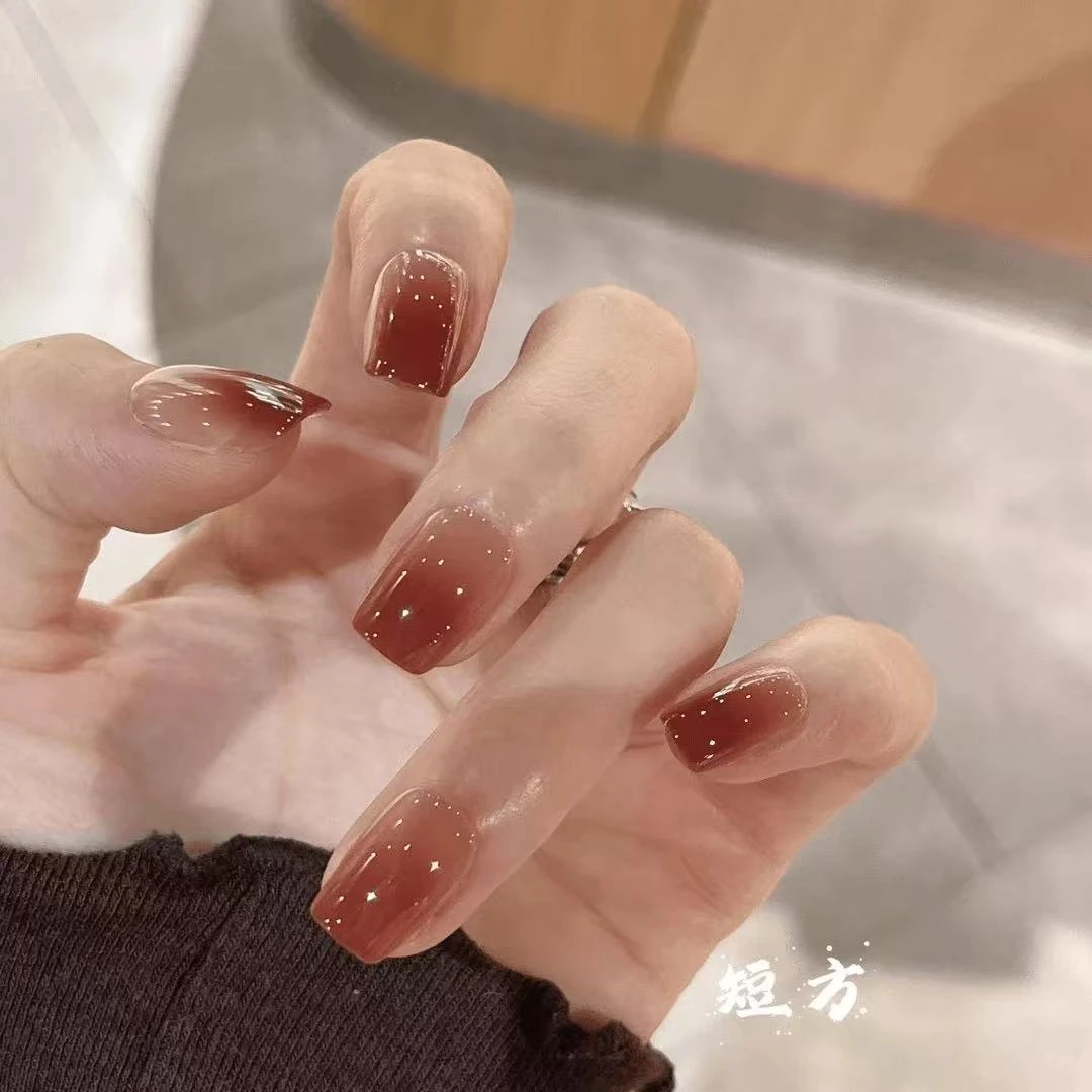 酒渍ins纯手工穿戴甲新款爆闪美甲可拆卸指甲贴10片红色指甲油