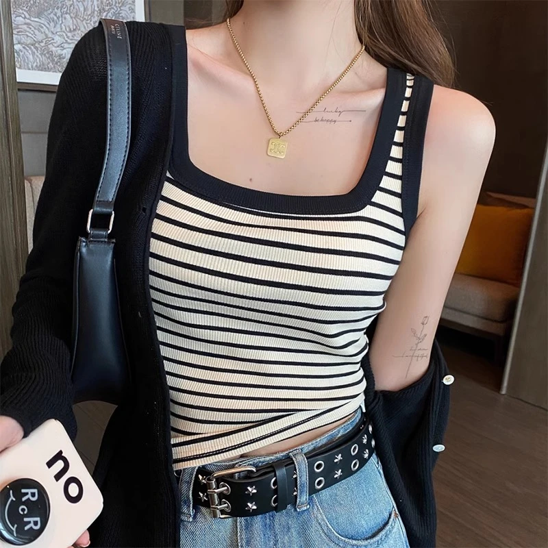条纹背心女内搭夏季外穿2025新款吊带方领工字打底遮副乳上衣