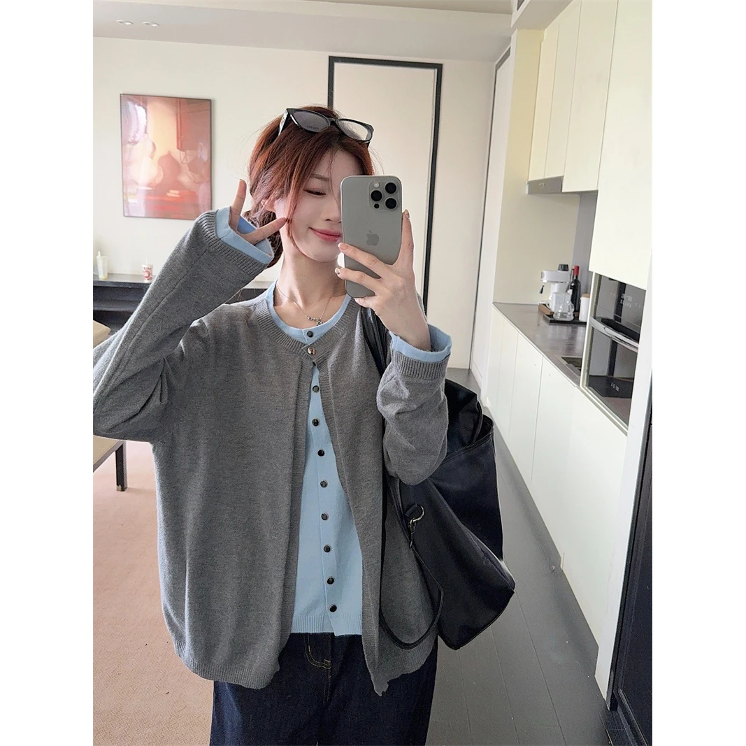 大码女装秋冬胖mm针织开衫假两件长袖毛衣外套气质显瘦百搭时尚