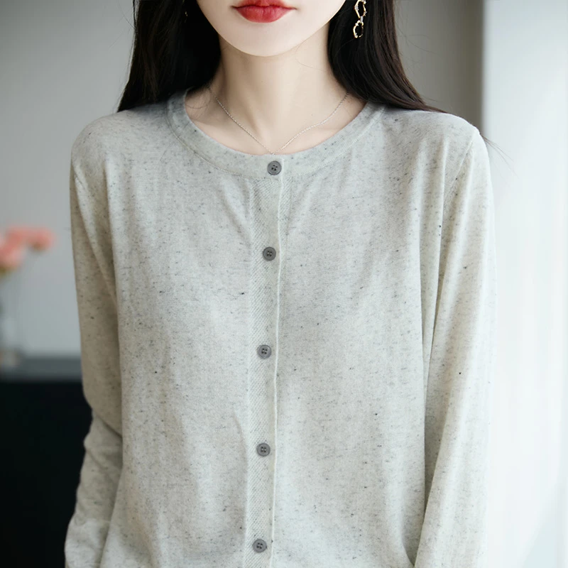 柔软舒适!女士秋冬点子纱精仿羊毛长袖圆领开衫宽松显瘦百搭洋气