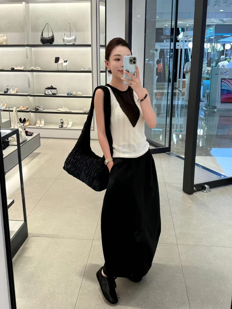 2025夏季新款拼接撞色针织吊带背心女修身显瘦上衣气质百搭半身裙