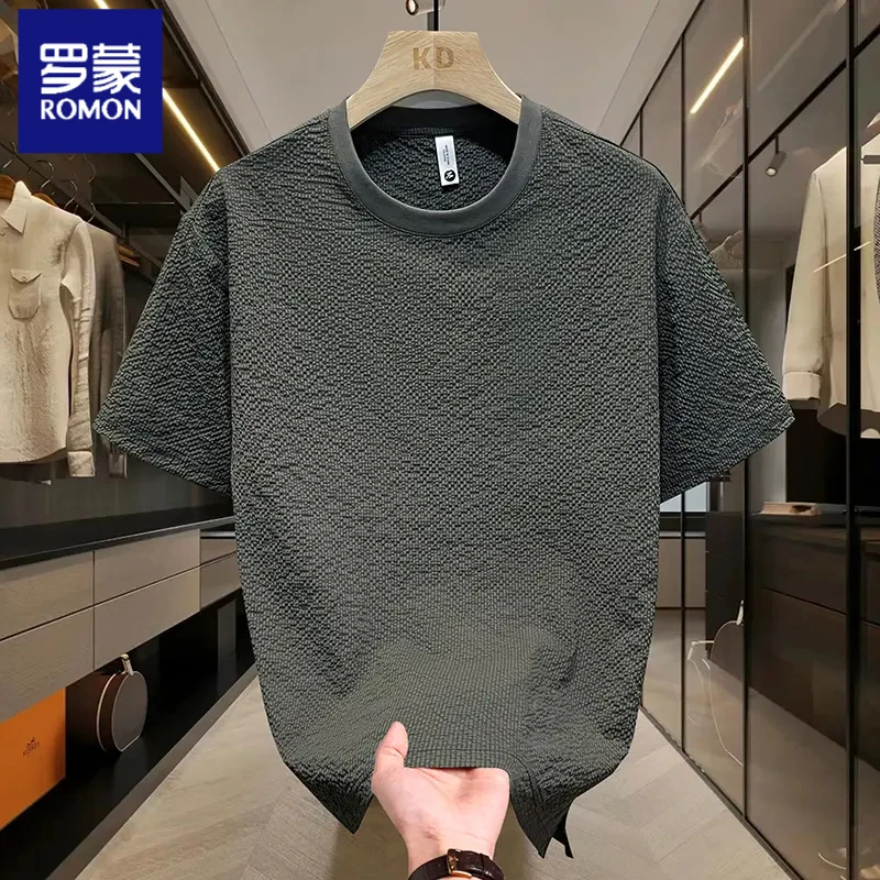 罗蒙2025男士夏季轻奢新款肌理感微宽松下摆开叉百搭透气短袖T恤