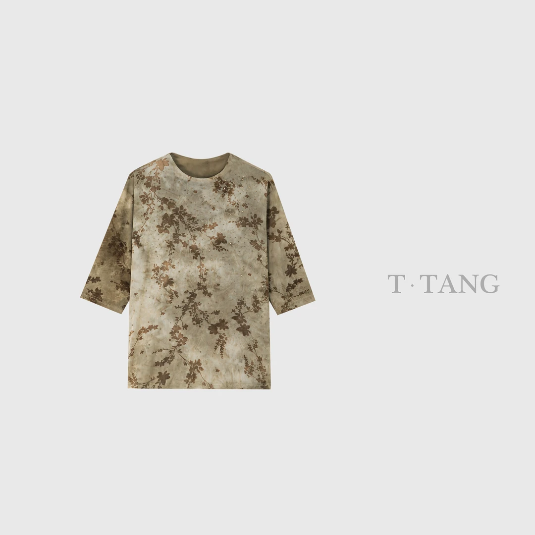 FL早秋季高弹印花植绒面料时尚百搭显瘦减龄款圆领半袖T恤【6585】