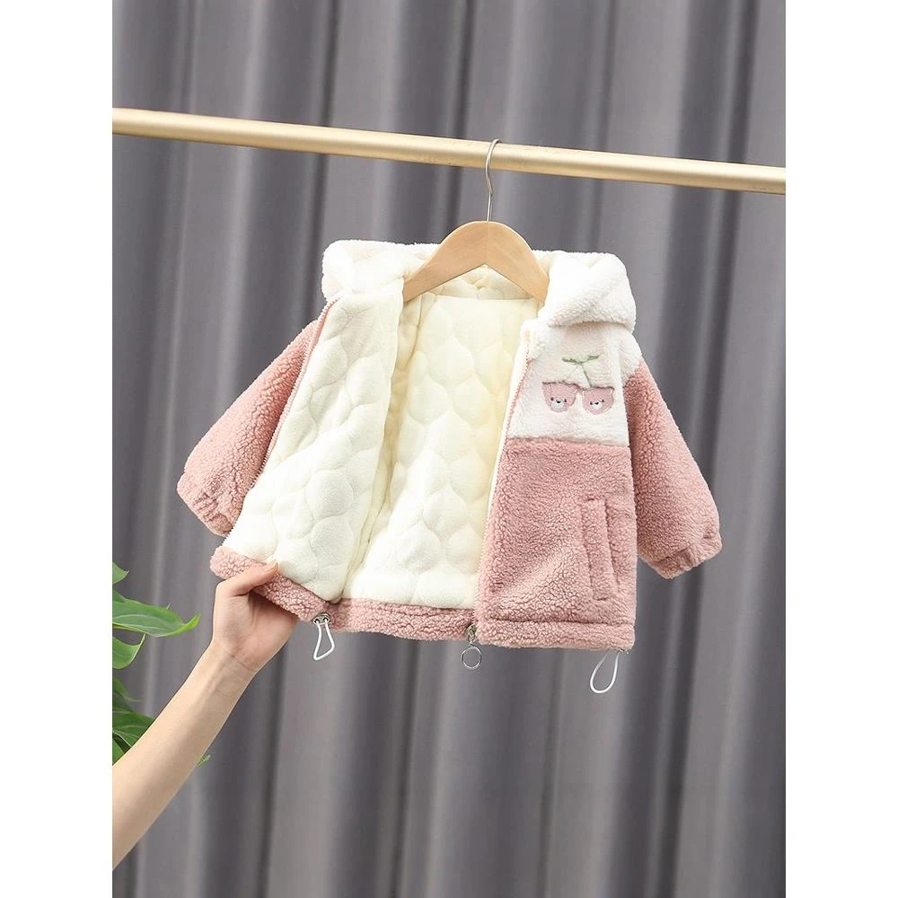 范哲萨女童毛毛外套冬季加厚加绒儿童衣服秋冬婴儿夹棉上衣宝宝棉