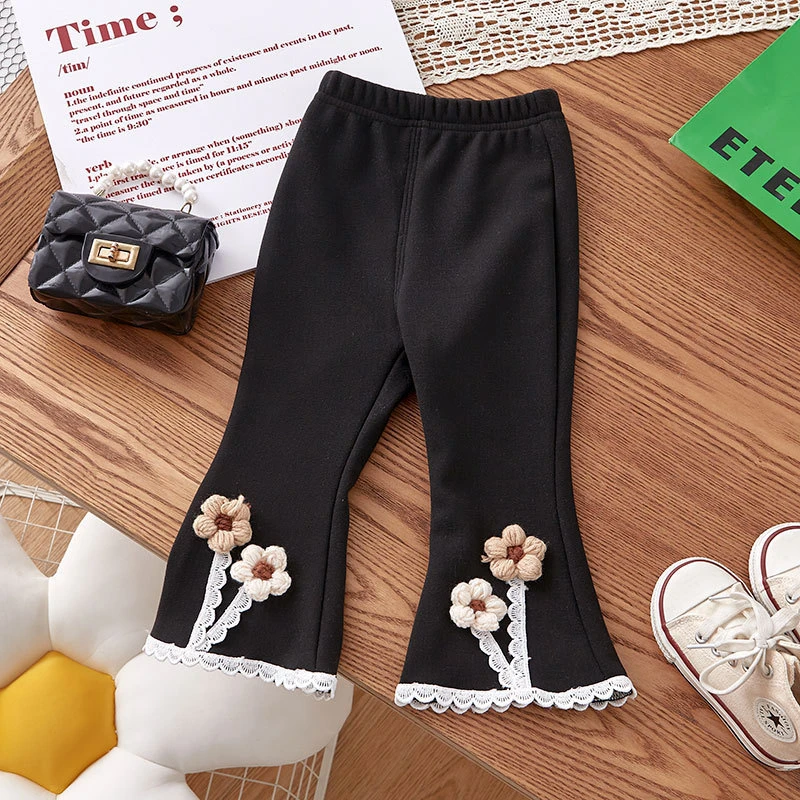 秋冬女宝宝加绒休闲裤女童立体小花朵打底裤时尚花边裤软糯