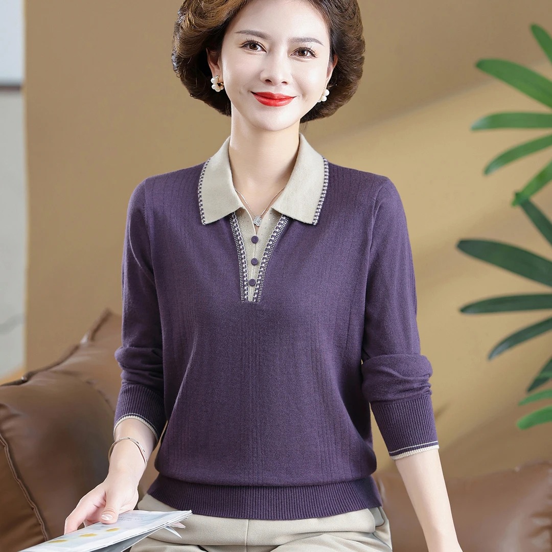 妈妈春装新款针织上衣洋气小衫宽松中老年人女装春秋长袖t恤50岁