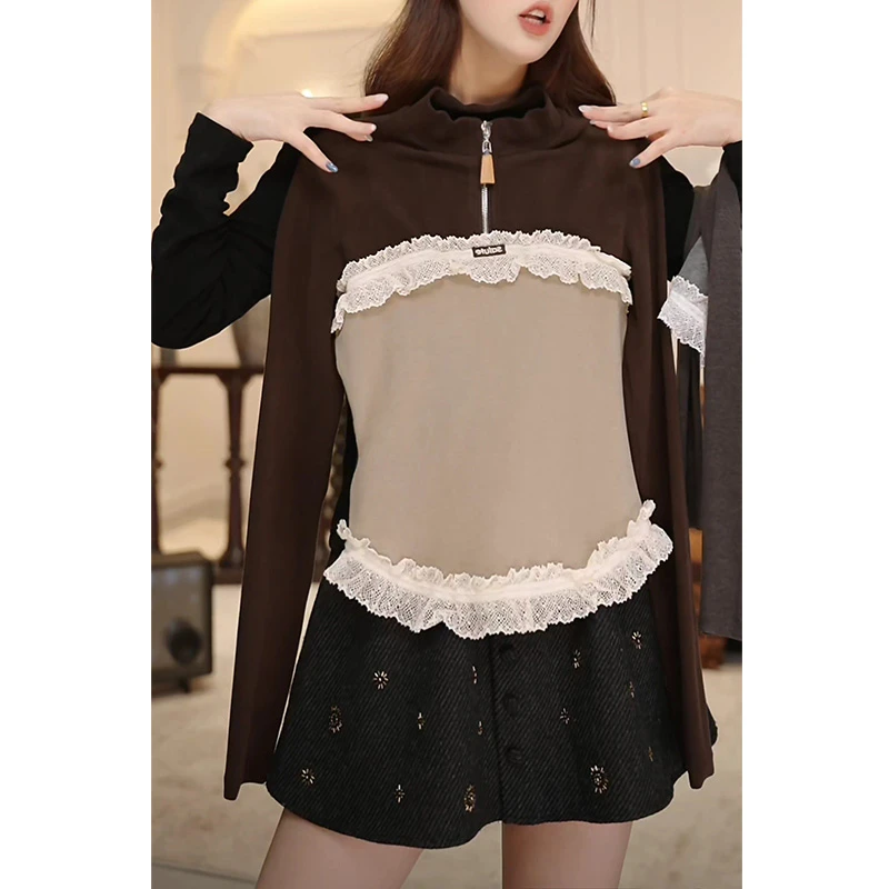 撞色蕾丝拼接半拉链长袖打底衫女秋冬新款修身减龄显瘦半高领上衣