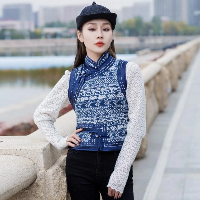 民族风背心女秋冬款棉麻马甲修身版气质坎肩手工盘扣蒙古元素马夹