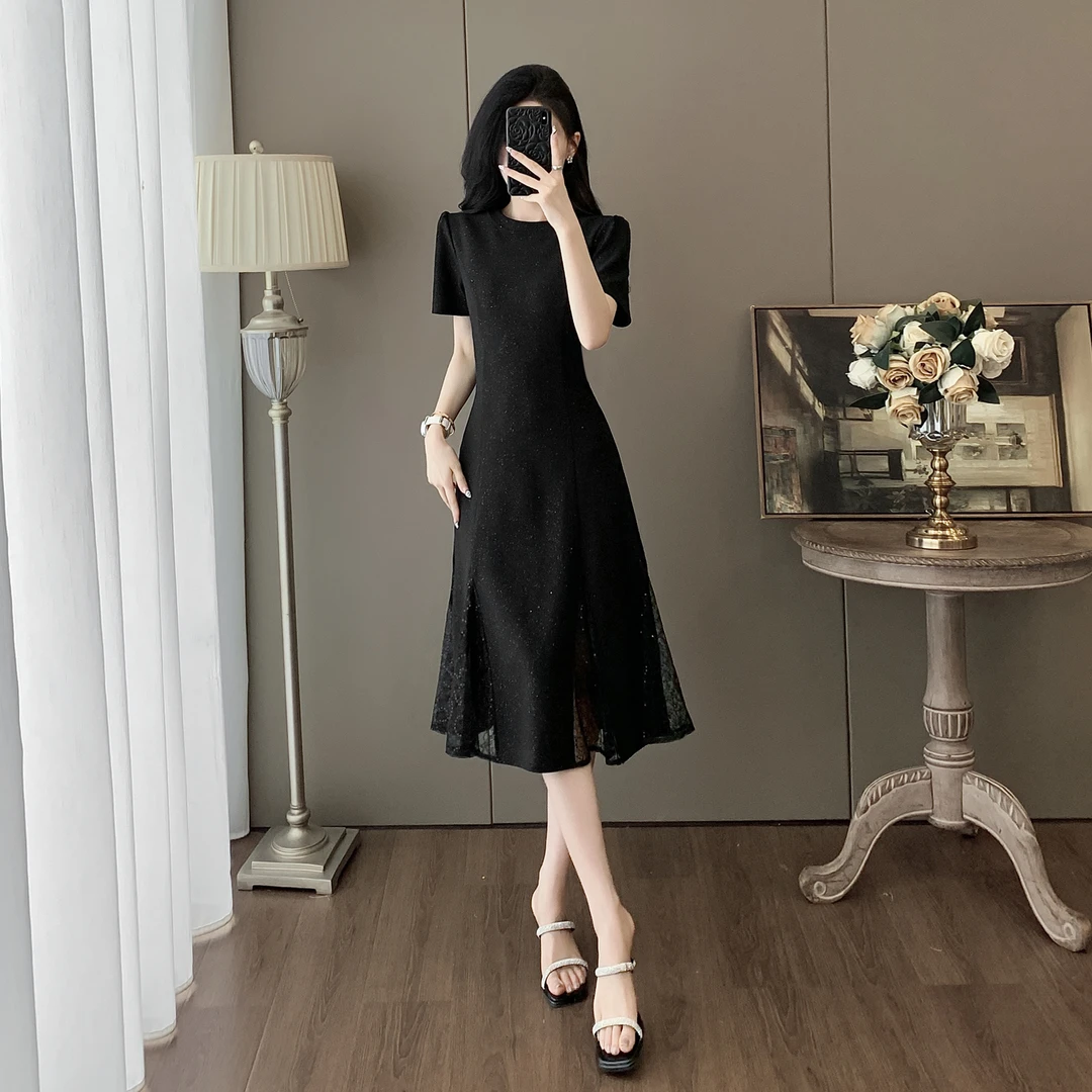 黑色闪银鱼尾连衣裙女夏季收腰显瘦气质赫本风小黑裙法式长款裙子
