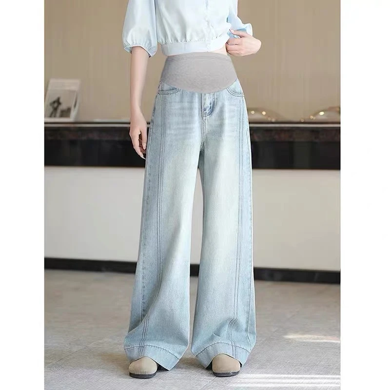 孕妇秋季休闲外穿2025新款牛仔裤简约百搭阔腿裤拖地托腹长裤